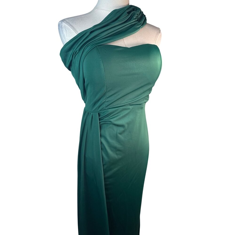 New Emerald Green Miss Ord Small One-Shoulder Draped Evening Gown Long Sleeve - Picture 6 of 16